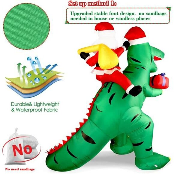 Inflatable Santa on Dinosaur Christmas Decorations, with LED Lights - Picture 7 of 7